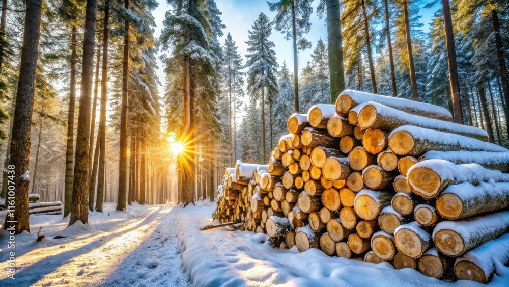 Poster Snowy Forest Path Leading to a Stack of Logs Under the Golden Rays of the Setting Sun