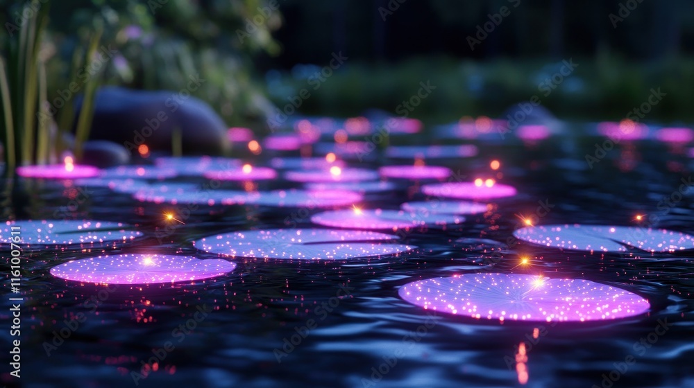 Poster Serene water scene with glowing lily pads in a tranquil setting.