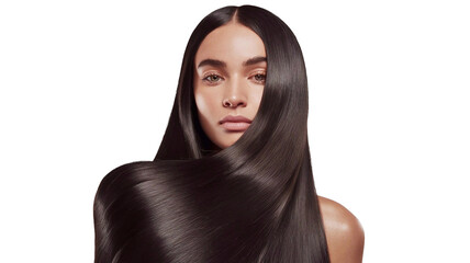 Naklejka premium Portrait of model girl with long straight shiny black smooth healthy hair, natural beauty of smooth skin for hair care and products,isolated on transparent background, png