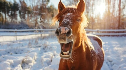 Horse laughs, mouth open, snowy outdoor.