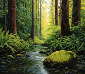 Serene Forest Stream Surrounded by Lush Greenery and Sunlight