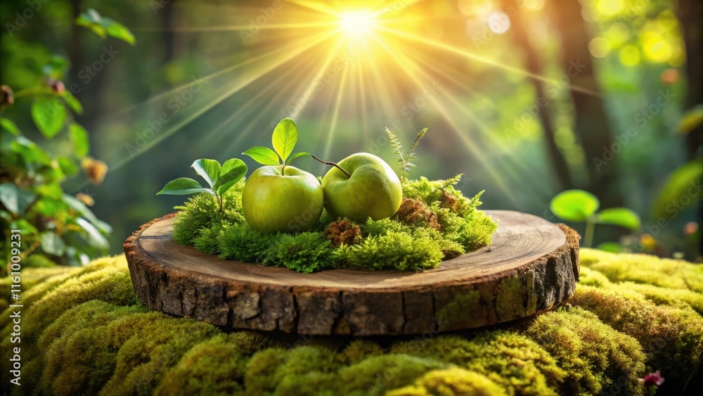 Poster two green apples resting on a wooden slice surrounded by lush moss, bathed in the warm glow of sunli