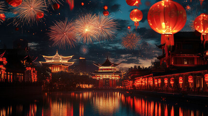 Fototapeta premium Chinese New Year fireworks lighting up the night sky with a glowing temple and festive lanterns, creating a vibrant celebration atmosphere. Banner