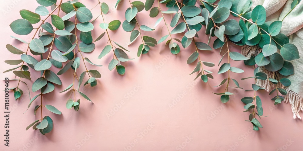 Poster A minimalist arrangement of eucalyptus branches on a soft pink background, creating a delicate and natural frame.