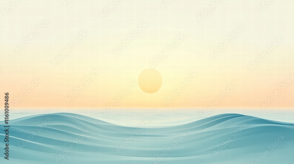 Aufkleber Stylized sun rising over gentle waves with ample space for text creation. Generative AI