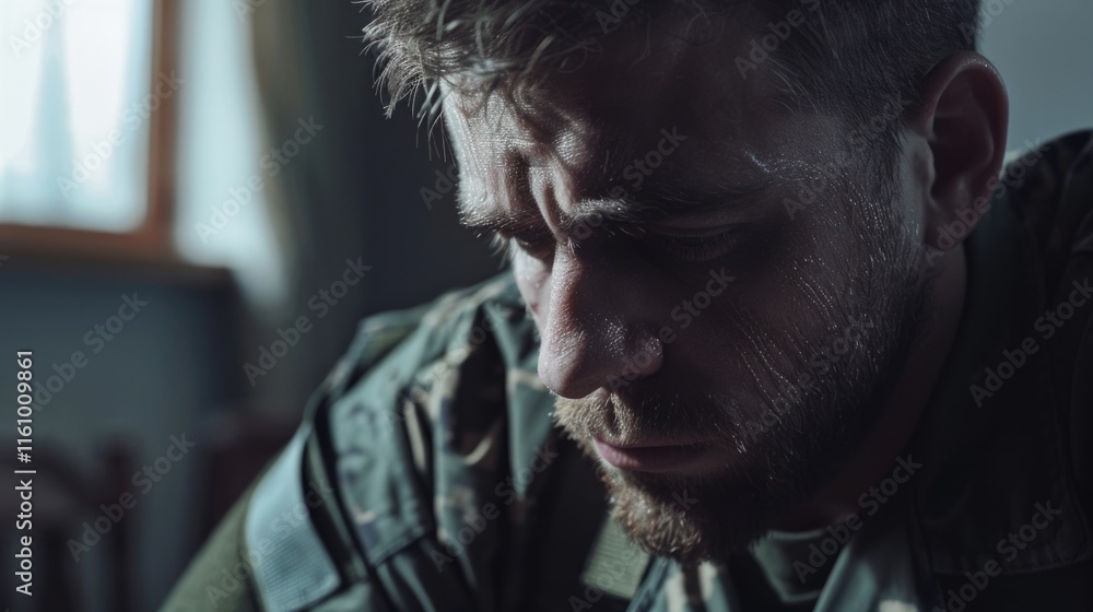 Poster man in a military uniform is looking down with a sad expression. he has sweat on his face and is wip