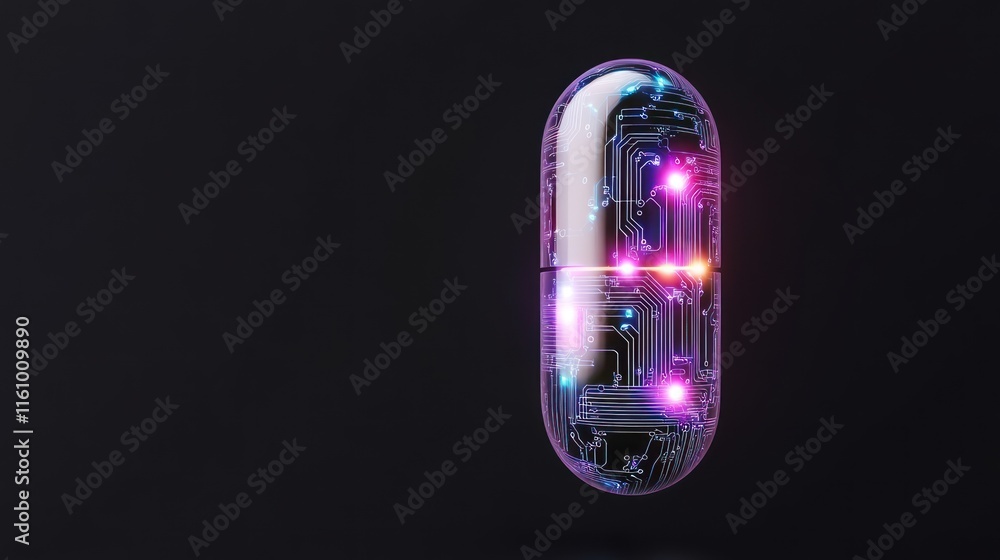 Poster futuristic capsule with circuit design and glowing elements.