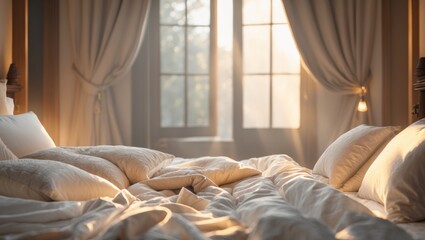 Cozy bedroom with warm lighting and relaxing atmosphere for a peaceful retreat