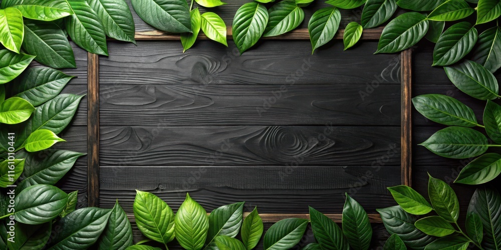 Poster A rustic wooden background framed by lush green leaves, creating a natural and inviting space for your message or design.