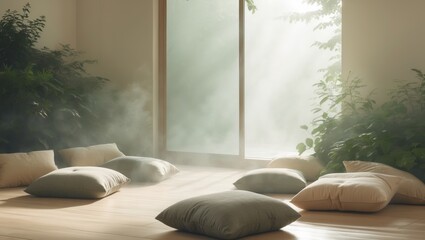 Calm meditation space with cushions and natural light in a tranquil setting