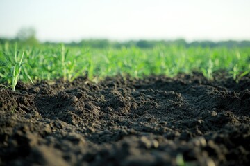 Fototapeta premium Rich soil foreground with vibrant green sprouts in background, s