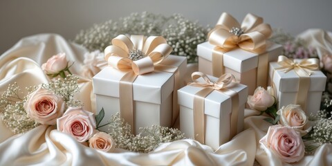 Elegant gift boxes wrapped in satin ribbons surrounded by soft fabric and floral decorations for special occasions and celebrations