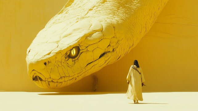 Massive golden cobra guards the gates of Duat as a lone figure approaches in an eerie and cinematic atmosphere