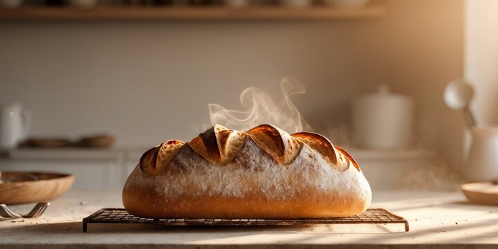 Artisan loaf of freshly baked traditional bread cooling on a wire rack in a cozy kitchen setting