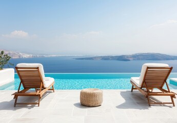 Serene Coastal View with Poolside Loungers and Scenic Landscape