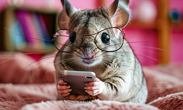 Cute chinchilla wearing glasses and holding a smartphone in a colorful setting