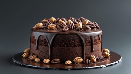 Chocolate cake with nuts and chocolate glaze on a dark background