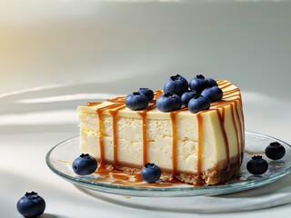 Delicious slice of creamy cheesecake topped with blueberry and caramel drizzles served on a glass plate