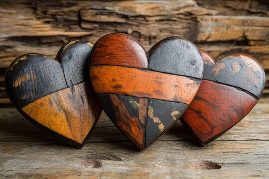 Wooden heart decorations showcase intricate craftsmanship and vibrant colors on rustic wooden background