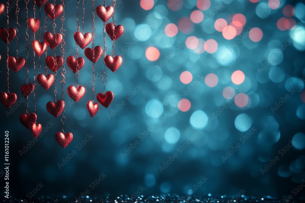Poster hanging red hearts create a romantic atmosphere against a soft blue bokeh background in a festive se