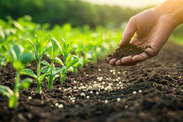 Hand scattering nutrients over rich soil, nurturing young plants