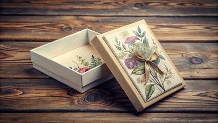 A vintage gift box adorned with a delicate floral design, slightly ajar revealing a plain white interior, rests on a rustic wooden surface.
