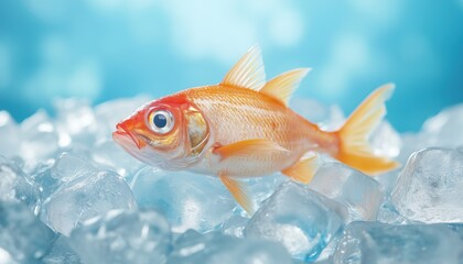 Naklejka premium Fresh Fish Preserved In A Pile Of Ice Cubes: Preserving Quality Seafood With Frozen Ice Cubes For Optimal Freshness And Flavor.