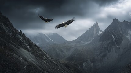 Two majestic eagles soar over a dramatic mountain range under a stormy sky.