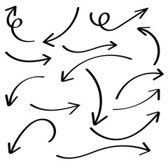 Hand drawn curved doodle arrows collection, Vector eps 10 illustration.