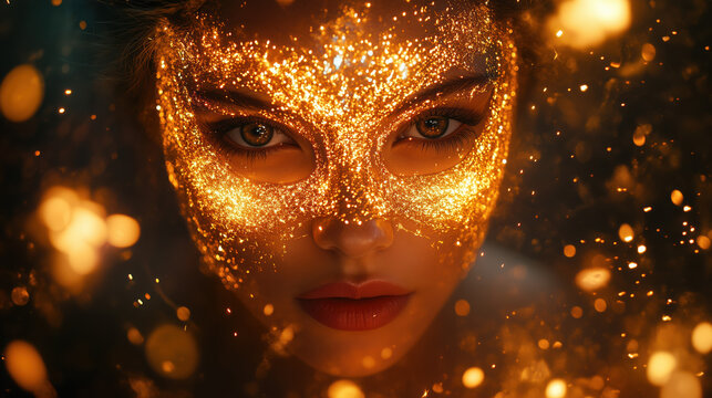 Primer plano rostro de mujer maquillada con polvos de purpurina dorada brillante a modo de antifaz, creando una aura de misterio y fantas&iacute;a. Fondo horizontal oscuro con destellos coloro oro miel