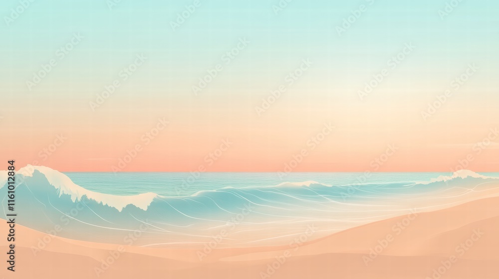 Poster Soft waves gently lapping on a tranquil beach with pastel skies and ample space for text overlay. Generative AI