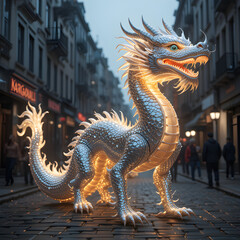 Fototapeta premium Majestic Silver Dragon Statue in a City Street