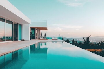 Fototapeta premium Modern luxury villa with infinity pool and stunning landscape view