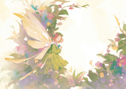 Dibujo o marco, ilustrado con motivo religioso para actos como la Primera Comunión, corona de flores, niña o hada orando, fondo claro, tonos pasteles rosas, traje verde, amarillos, místico fantasía