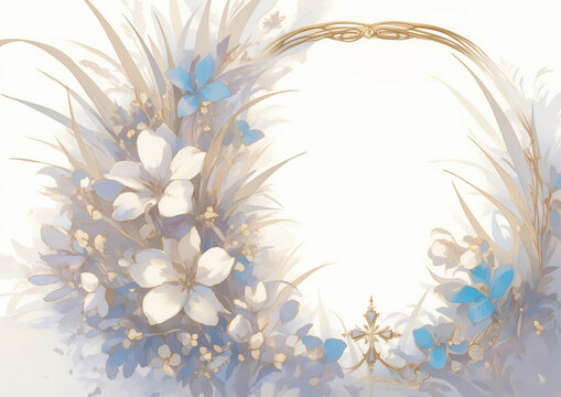 Floral composition in light tones with light blue white flowers and ornamental frame or rounded border, ideal for invitations or elegant designs, poetry text background, phrase of the day, message