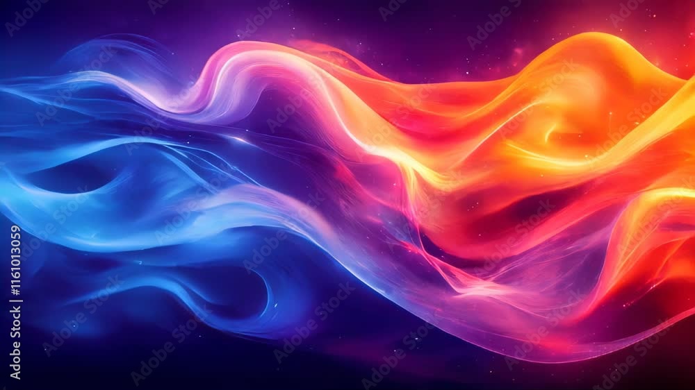 Poster vibrant swirls of colorful light, blending seamlessly in an abstract design resembling flowing cosmi