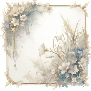 Composici&oacute;n floral en tonos claros con flores blancas celestes y marco ornamental cuadrado, ideal para invitaciones o dise&ntilde;os elegantes, fondo de texto de poes&iacute;a, frase del d&iacute;a, mensaje, fondo papel