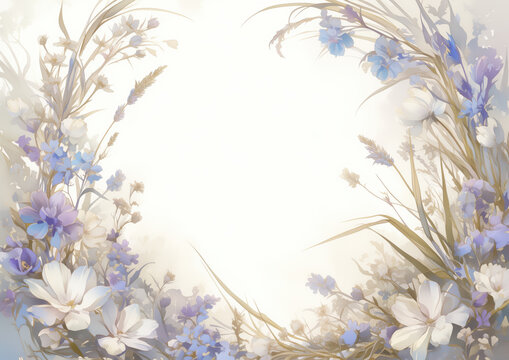 Composici&oacute;n floral en tonos pastel claros con flores de color azul lila y marco o borde ornamental de espigas, ideal para invitaciones o dise&ntilde;os elegantes, fondo texto poes&iacute;a, frase del d&iacute;a, mensaje