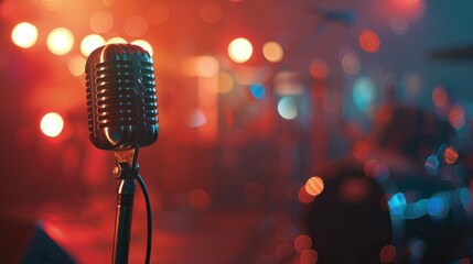 Vintage microphone with bokeh lights on a stage.