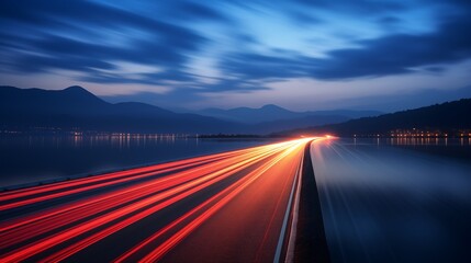Obraz premium Long exposure of fast-moving cars on a freeway, golden hour lighting, empty space on the left for text,generative ai illustration