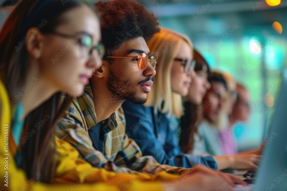 Poster group of diverse students focused on laptops, engaged in computer lab class or online learning sessi