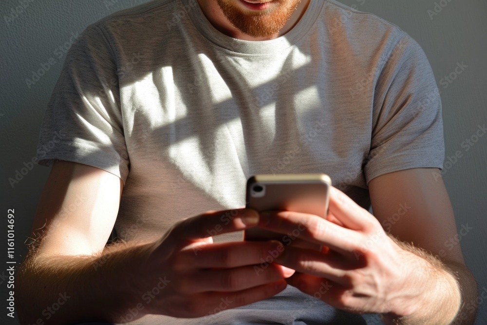 Poster young man with red beard checking device in sunlit setting.