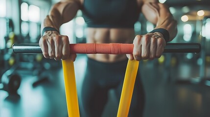 Close up view of a person s hands gripping a red resistance band during a strength training exercise session in the gym  The image conveys the concept of fitness exercise and a healthy