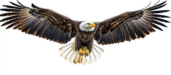 Obraz premium A majestic adult bald eagle soaring gracefully through the sky in a majestic display of flight