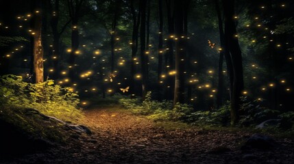 Fototapeta premium Long exposure of ffireflies in a forest at night, golden hour lighting, empty space on the left for text,generative ai illustration