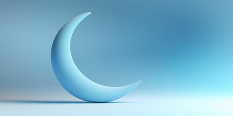 Serene Crescent Moon: A Minimalist 3D Render of a Blue Moon Against a Soft Blue Background