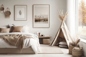 Scandinavian-style Kid's Room with White Walls, Art, Pampas Grass Vase, Bedside Table, and Artwork Space