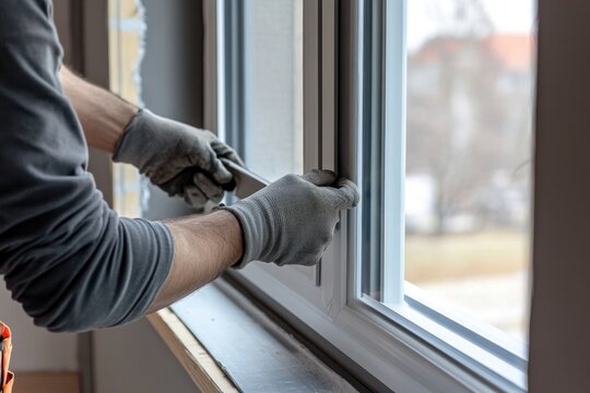 Hands adjusting window frame with precision tools, showcasing cr
