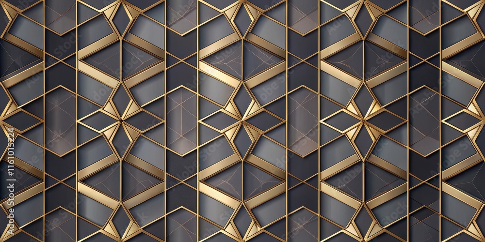 Leinwandbilder Abstract Geometric Pattern of Interlocking Gold Frames on a Dark Gray Background