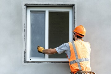 Skilled worker installing window with precision, wearing safety